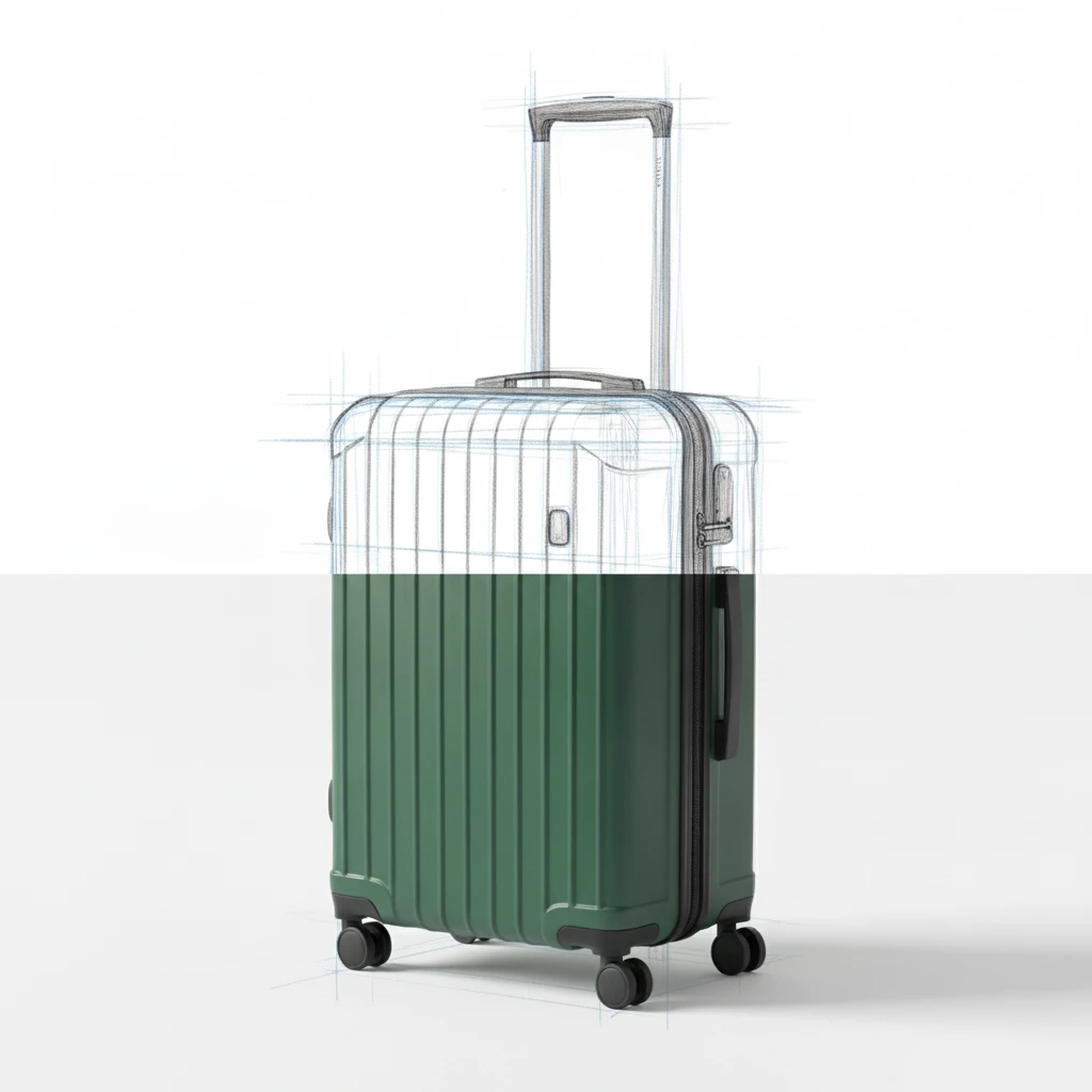 A rolling suitcase. The upper half is an unfinished pencil and ink design drawing; the lower half is a photograph of the finished object.